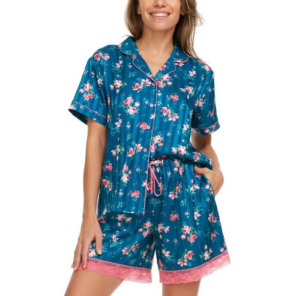 Flora Nikrooz Womens Notch Collar PJ Set Charmeuse Blue Pink NWT - Picture 2 of 5